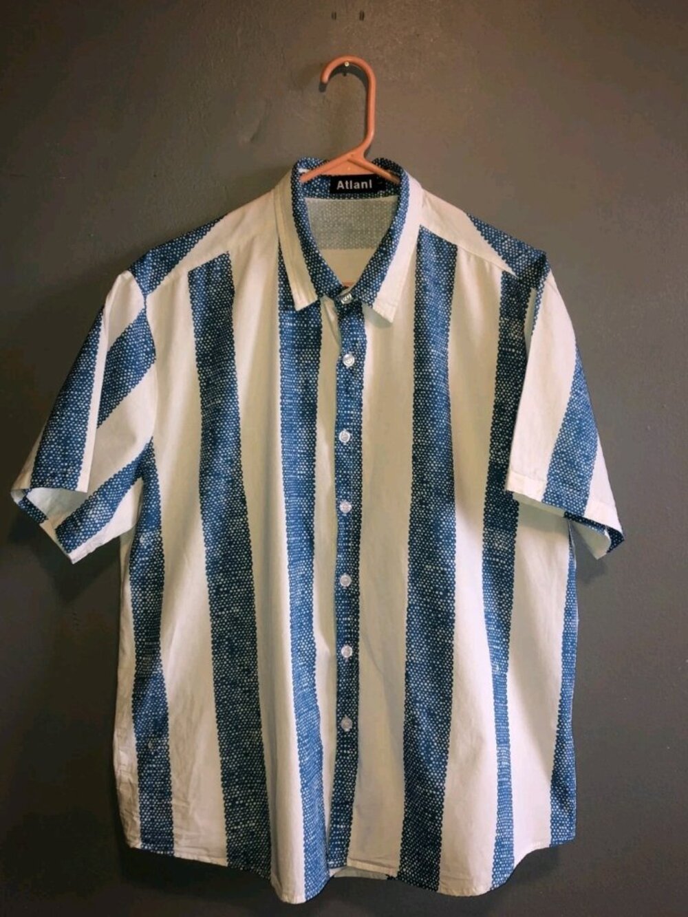 Vintage Alfani Collar Short Sleeve Button Shirt Beachy Blue White Striped Large